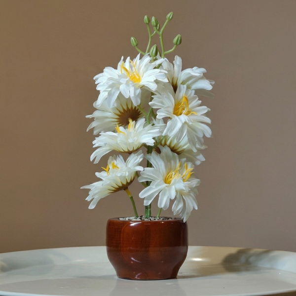 Wooden Pot With Fixed White Plastic Flowers