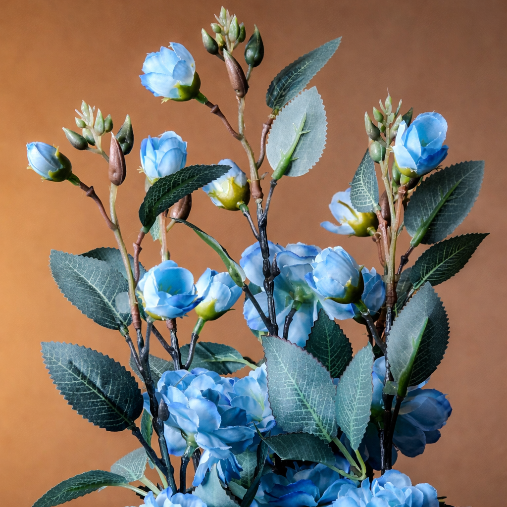 White Flower Waise Along With Plastic Leaves And Blue Flowers