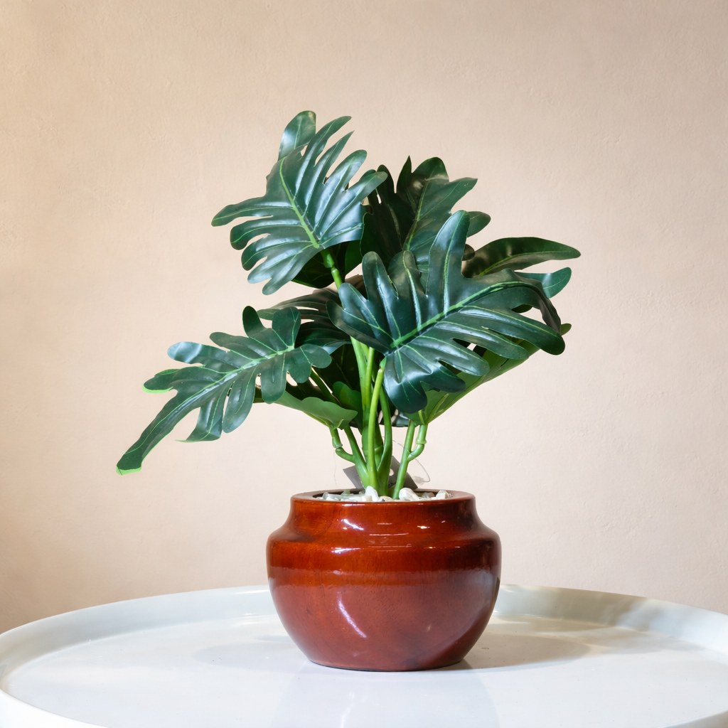 Wooden Pot With Artificial Leaves