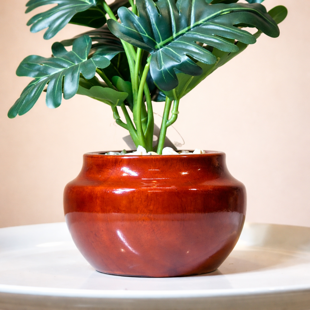 Wooden Pot With Artificial Leaves