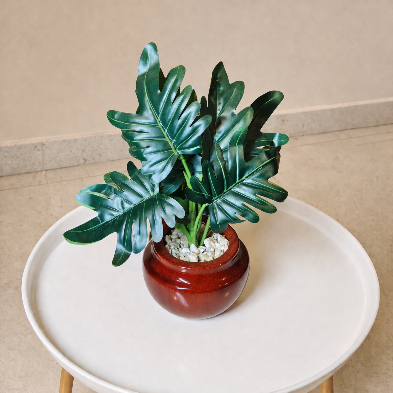 Wooden Pot With Artificial Leaves