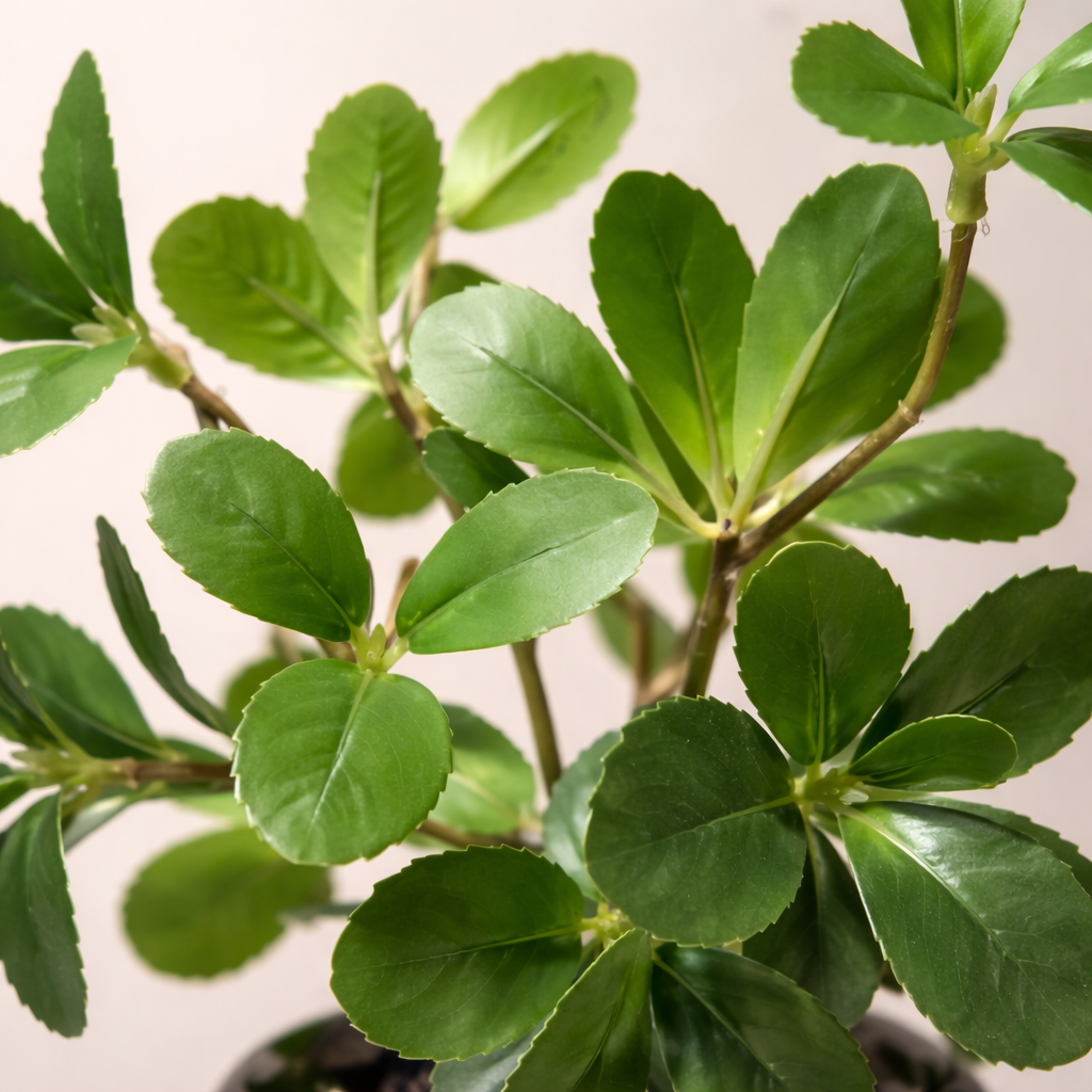 Wooden Pot And Plastic Leaves
