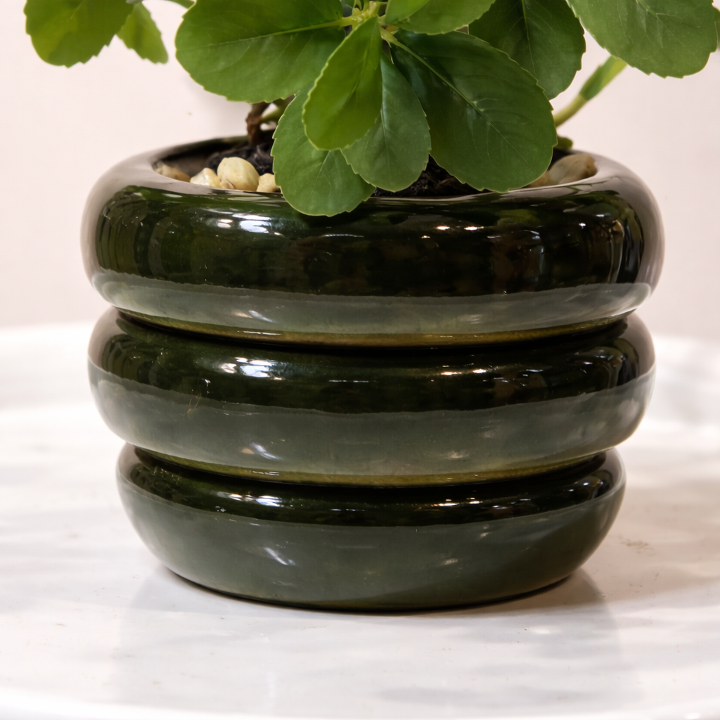 Wooden Pot And Plastic Leaves