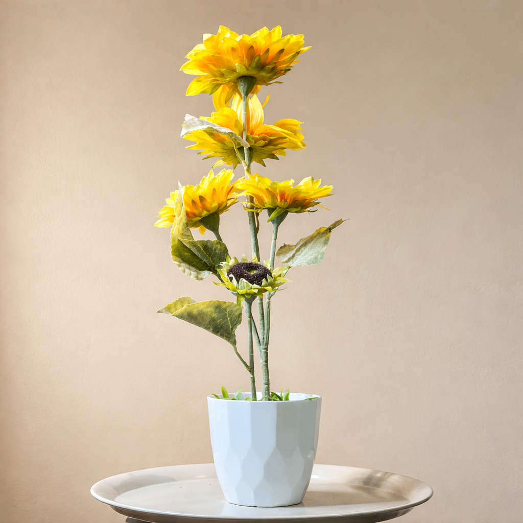 White Flower Waise Along With Plastic Leaves And Yellow Flowers