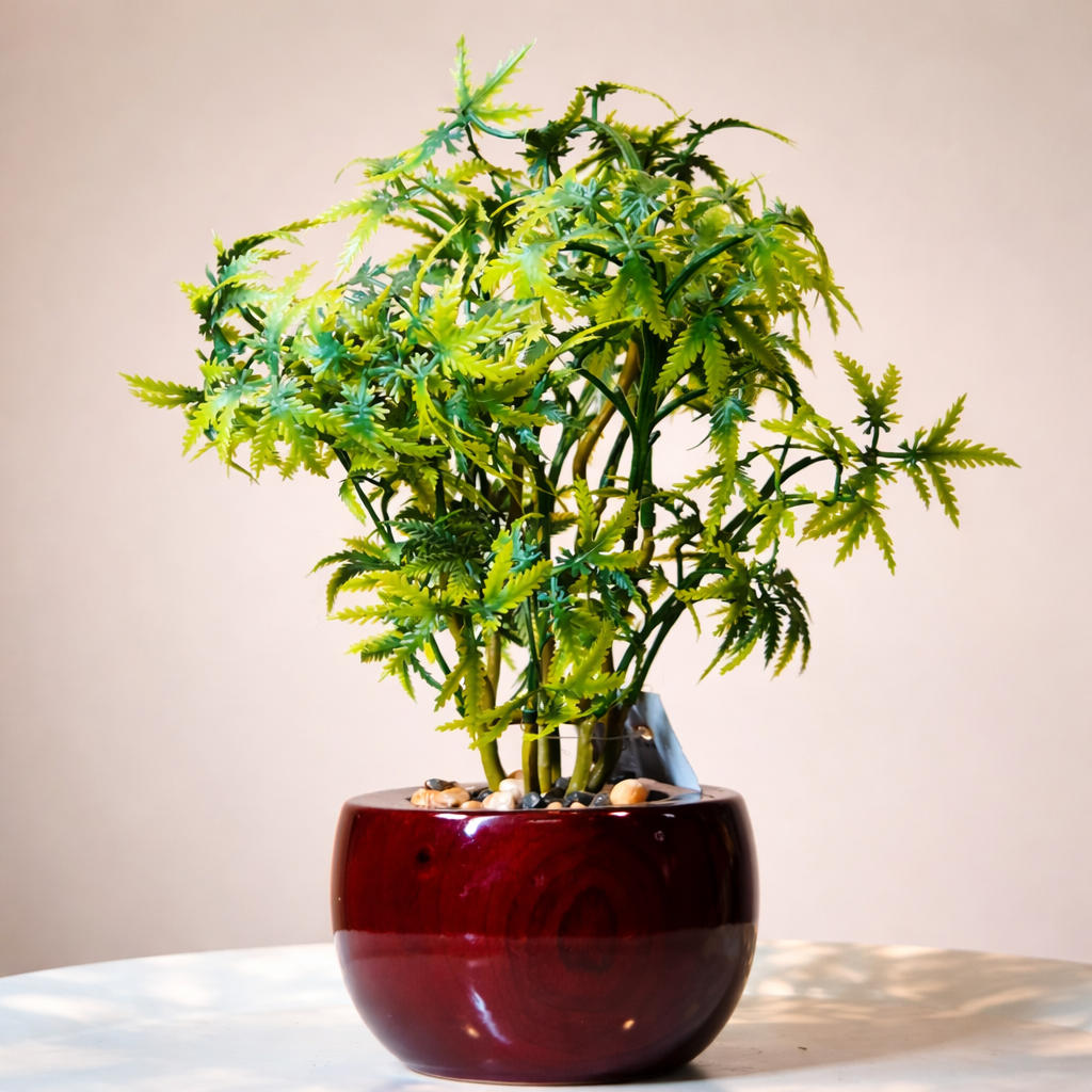 Elegant Artificial Green Plant in Glossy Red Ceramic Pot